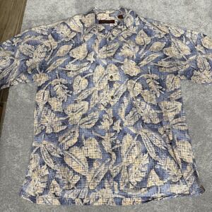 Tori Richard Shirt Mens Large Blue Leaf Hawaiian Aloha Button Front Made USA